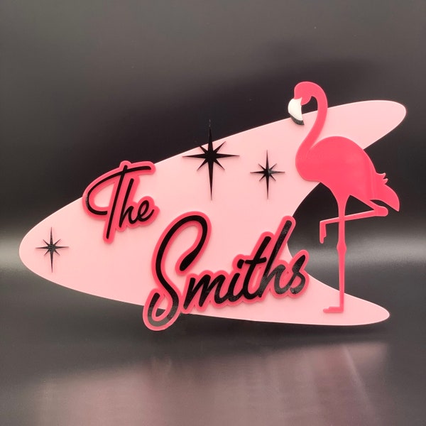 3D Mid Century Modern "Atomic Flamingo" Family Name Sign | House Numbers | Retro Boomerang | Mid Century Decor |Atomic Avocado Designs®