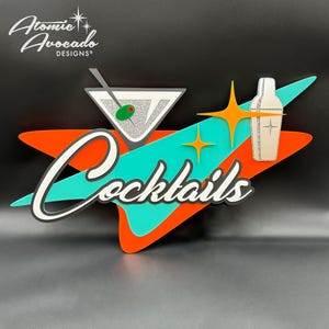 Mid Century Modern &quot;Shaken, Not Stirred&quot; Sign | Retro Bar Decor | Cocktails | Martini Time | MCM Wall Art | Atomic Avocado Designs®
