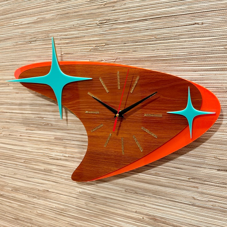 Mid Century Modern Atomic Boomerang Wall Clock Handcrafted Retro Decor Space-Age Clock Silent Sweep Atomic Avocado Designs® image 1