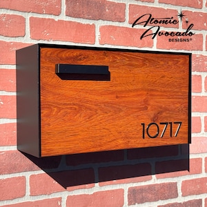 Mid Century Modern Mailbox | Minimalist Mailbox | &quot;Wood Grain&quot; Steel | Wall-Mounted Modern Mail Box | Simple | Atomic Avocado Designs®