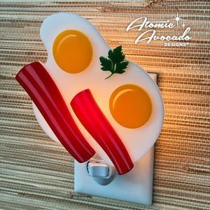 Handcrafted &quot;Bacon and Eggs&quot; Night Light | Kitchen Decor | Breakfast Food | Air BnB | Plug In Wall Light | Atomic Avocado Designs®