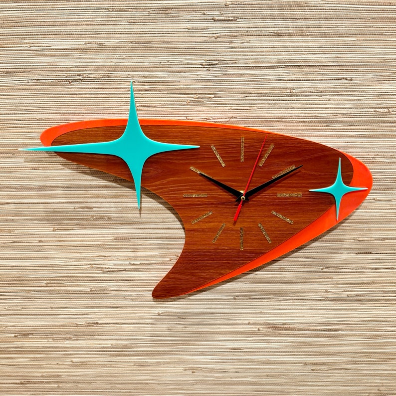 Mid Century Modern Atomic Boomerang Wall Clock Handcrafted Retro Decor Space-Age Clock Silent Sweep Atomic Avocado Designs® image 2