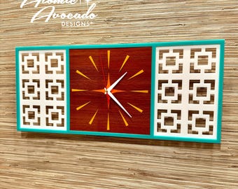 Large Mid Century Modern “Breeze Block" Wall Clock | Handcrafted | Retro Clock | Palm Springs Decor | Silent Sweep | Atomic Avocado Designs®