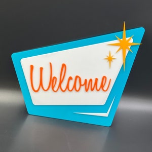 Panneau de bienvenue 3D moderne « Starlite » du milieu du siècle | Signe d’adresse | Numéros de maison | Atomique Avocat Designs®