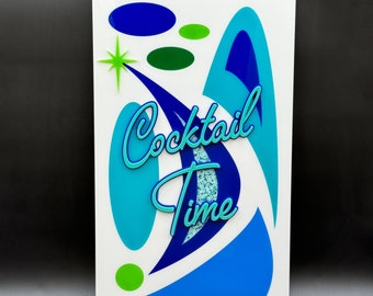 Mid Century Modern "Cocktail Time" Inlay Wall Art | Space Age Decor | Mid Century Wall Panel | Blue Colorway | Atomic Avocado Designs®