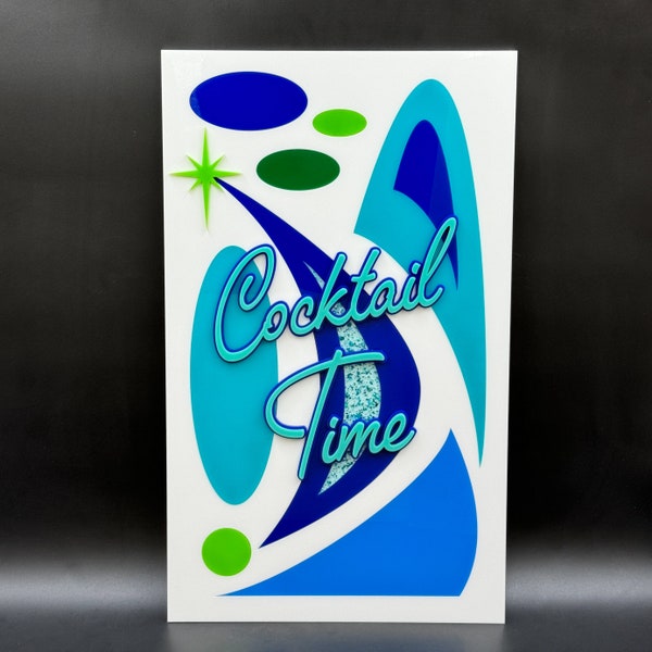 Mid Century Modern "Cocktail Time" Inlay Wall Art | Space Age Decor | Mid Century Wall Panel | Blue Colorway | Atomic Avocado Designs®
