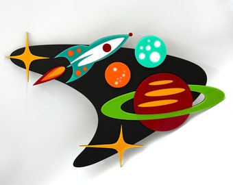 3D Mid Century Modern "Space Race" Wall Art | Space Age | Rocket | Galaxy | Planets | Outer Space | Retro Decor | Atomic Avocado Designs®