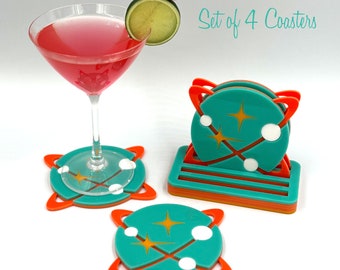 3D Atomic Drink Coasters | Set of 4 | "Cosmic Coaster" Design | Handcrafted | Mid Century Modern Cocktail Bar | Atomic Avocado Designs®