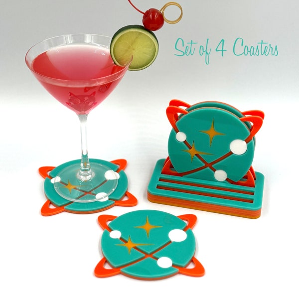 3D Atomic Drink Coasters | Set of 4 | "Cosmic Coaster" Design | Handcrafted | Mid Century Modern Cocktail Bar | Atomic Avocado Designs®