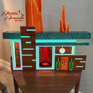 Mid Century Modern &quot;Retro Retreat&quot; Lamp | Retro Miniature House | MCM Fireplace | Malm-Inspired | Housewarming Gift |Atomic Avocado Designs®