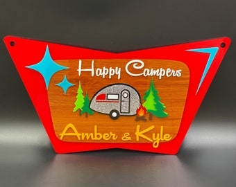 3D Mid Century Modern "Happy Camper" Name Sign | Retro RV Sign | Campsite Sign | Atomic Avocado Designs®