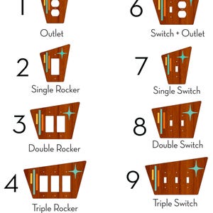 May include: A chart showing 10 different options for electrical wall plates. The plates are made of wood and have a retro mid-century modern design. The options include a single rocker switch, a double rocker switch, a triple rocker switch, a quad rocker switch, a single switch, a double switch, a triple switch, a quad switch, an outlet, and a switch and outlet combination.