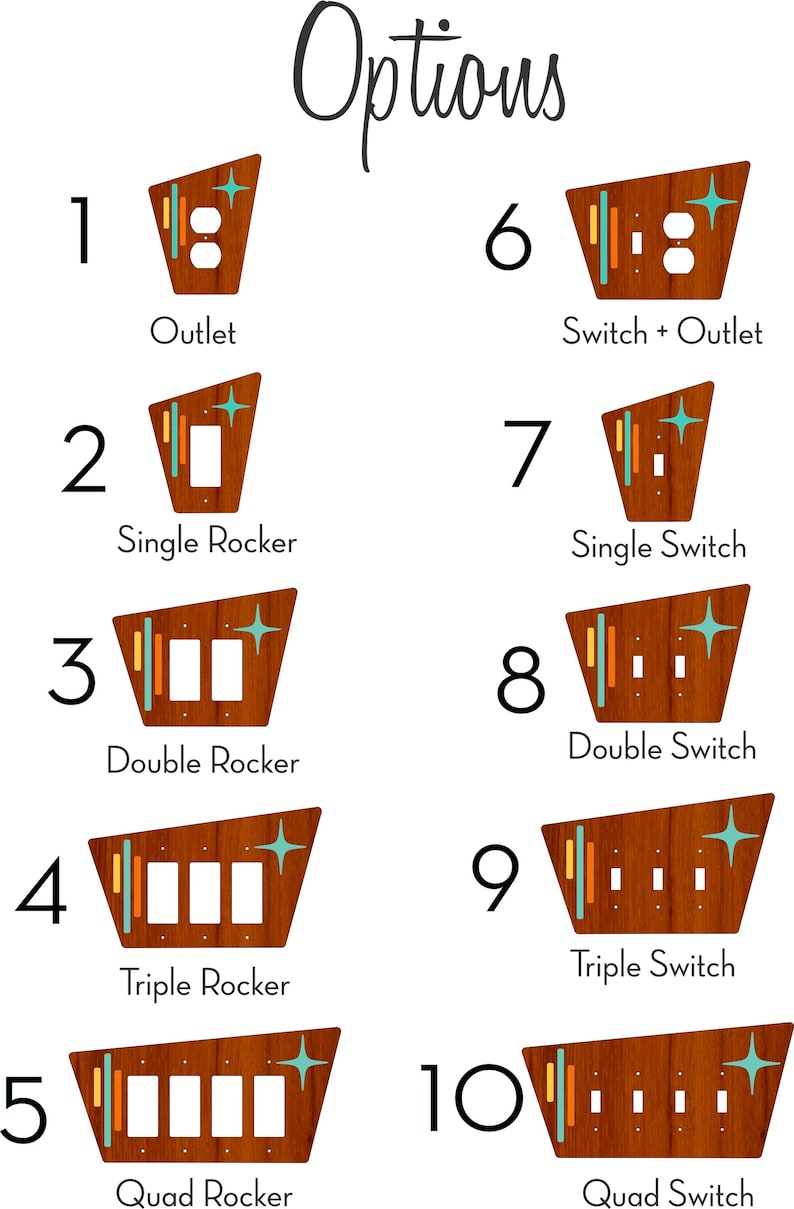 May include: A chart showing 10 different options for electrical wall plates. The plates are made of wood and have a retro mid-century modern design. The options include a single rocker switch, a double rocker switch, a triple rocker switch, a quad rocker switch, a single switch, a double switch, a triple switch, a quad switch, an outlet, and a switch and outlet combination.