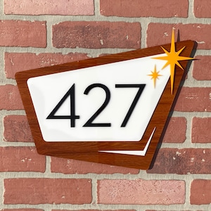 3D Mid Century Modern "Starlite" Address Sign | Modern House Numbers | Retro Decor | “Wood Look" Acrylic | Atomic Avocado Designs®