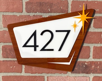 3D Mid Century Modern "Starlite" Address Sign | Modern House Numbers | Retro Decor | “Wood Look" Acrylic | Atomic Avocado Designs®