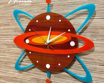 Mid Century Modern “Atomic Cosmos" Wall Clock | Handcrafted |  Retro Wall Art | Space-Age Decor | Silent Sweep | Atomic Avocado Designs®