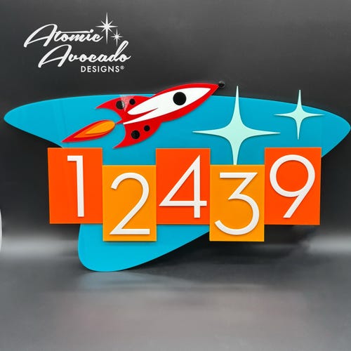 Large Mid Century Modern "Astro" Address Sign | Retro Rocket | Space Age Atomic Decor | Googie MCM | Retrofuturism | Atomic Avocado Designs®