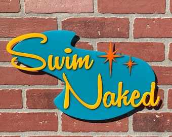 Signo moderno de "nadar desnudo" de mediados de siglo 3D / Arte de pared / Decoración retro / Diseños de aguacate atómico®