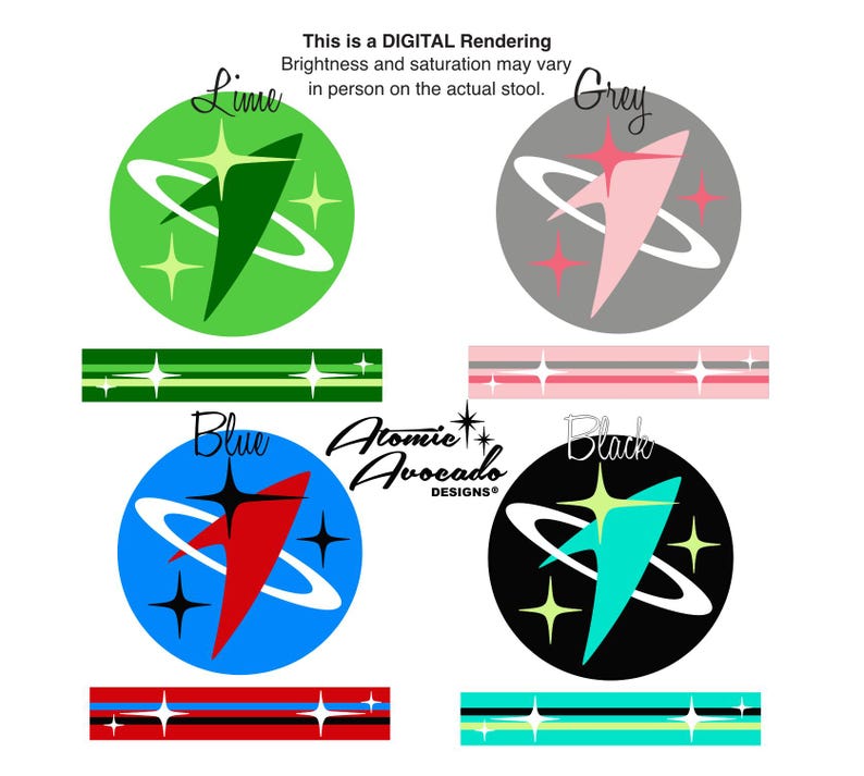 Puede incluir: Cuatro dise&ntilde;os retro de tem&aacute;tica espacial en verde lima, gris, azul y negro. Cada dise&ntilde;o presenta un objeto blanco en forma de cohete con un anillo blanco a su alrededor y estrellas amarillas. El texto "Atomic Avocado Designs" est&aacute; en el centro de la imagen.
