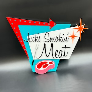 "Handgefertigtes ""BBQ"" Schild | Grill Geschenk | Retro Autokino Schild | Outdoor-Küchendekor | Mid Century Modern Kitsch | Atomic Avocado Designs®