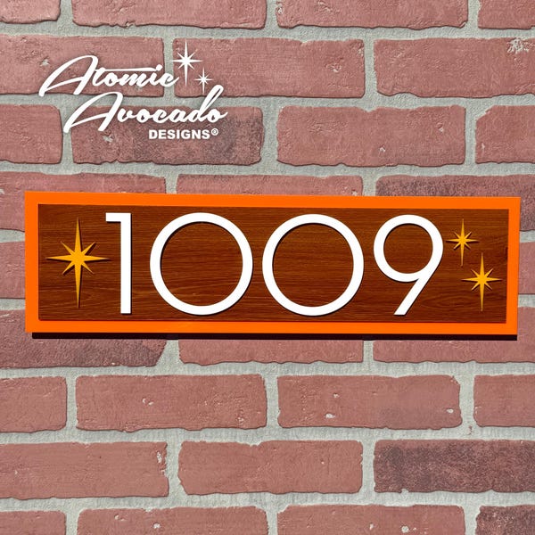 Mid Century Modern Address Sign: Retro Horizontal House Numbers with Atomic Starbursts