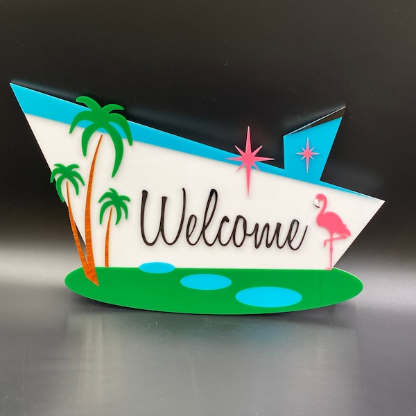 Panneau de bienvenue « Palm Springs » moderne du milieu du siècle : décoration murale flamant rose rétro