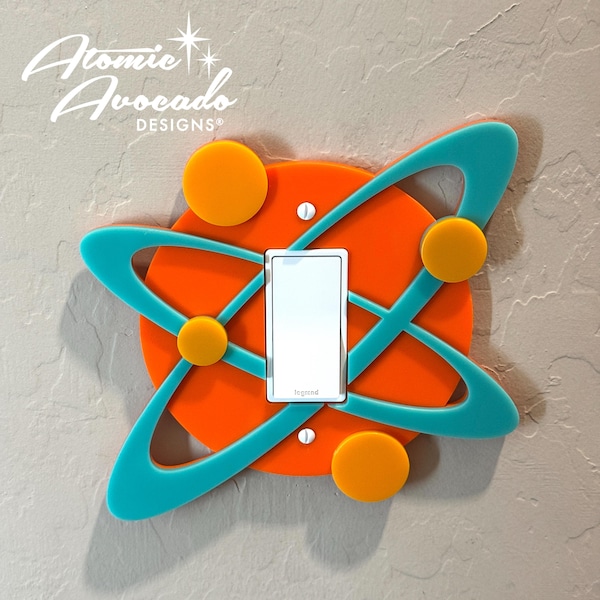 Halverwege de eeuw moderne 'Atomix'-schakelaarplaatafdekking | GFI Outlet Cover Decor | Lichtschakelaar uit het ruimtetijdperk | Retro wandbord |Atomic Avocado Designs®