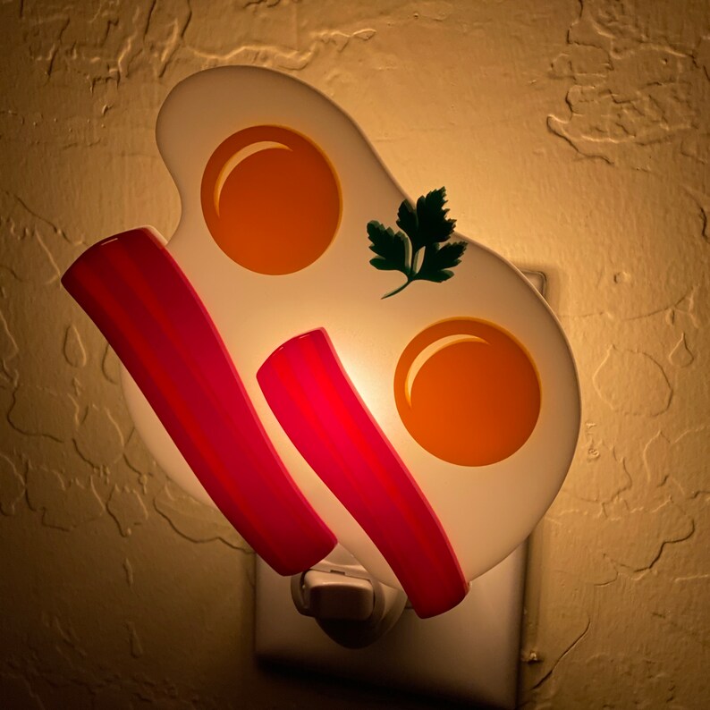 3D Handcrafted Bacon and Eggs Night Light Kitchen Decor Breakfast Food Air BnB Plug In Wall Light Atomic Avocado Designs® image 7