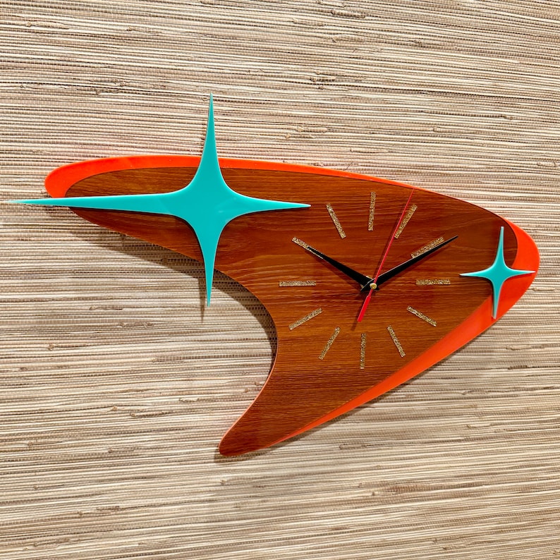 Mid Century Modern Atomic Boomerang Wall Clock Handcrafted Retro Decor Space-Age Clock Silent Sweep Atomic Avocado Designs® image 3