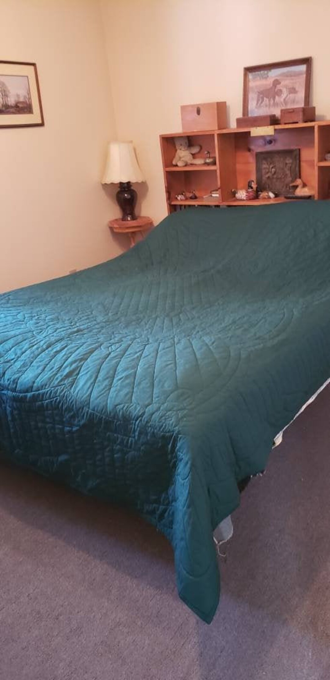 Vintage Queen Size Handmade Quilt Dark Green/white, Beautiful Hand