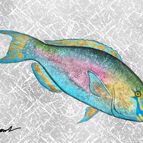 Uhu (Whiptail Parrotfish) Gyotaku print