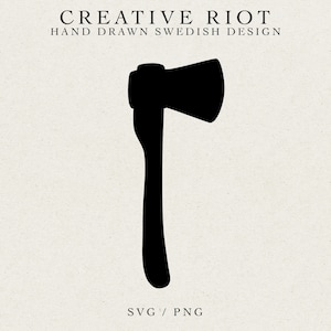 May include: Black silhouette of an axe with a wooden handle. The axe is a simple design with a sharp blade and a rounded head.