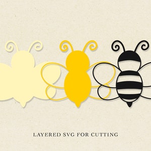 May include: Layered SVG cut file design of three bees. The first bee is yellow, the second bee is yellow with black outlines, and the third bee is black and white with black outlines. The text "LAYERED SVG FOR CUTTING" is at the bottom of the image.
