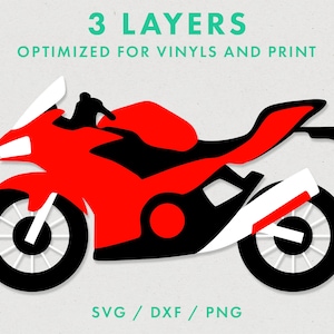 Puede incluir: Silueta de motocicleta roja y negra con detalles blancos. 3 capas optimizadas para vinilos e impresi&oacute;n. SVG, DXF, PNG.