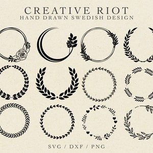 May include: A collection of hand-drawn black wreath designs, including circles, crescent shapes, and laurel wreaths. The text "CREATIVE RIOT HAND DRAWN SWEDISH DESIGN" is at the top. The bottom text reads "SVG / DXF / PNG".