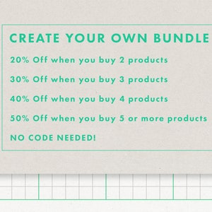 Puede incluir: Texto verde sobre fondo blanco con un patr&oacute;n de cuadr&iacute;cula debajo. El texto dice "CREATE YOUR OWN BUNDLE" y enumera descuentos para comprar varios productos: 20% de descuento por 2 productos, 30% de descuento por 3 productos, 40% de descuento por 4 productos y 50% de descuento por 5 o m&aacute;s productos. El texto tambi&eacute;n dice "NO CODE NEEDED!"
