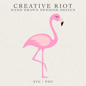 May include: Pink flamingo illustration with closed eyes, standing on one leg. The flamingo is facing left. The illustration is on a white background with the text "CREATIVE RIOT HAND DRAWN SWEDISH DESIGN SVG / PNG".