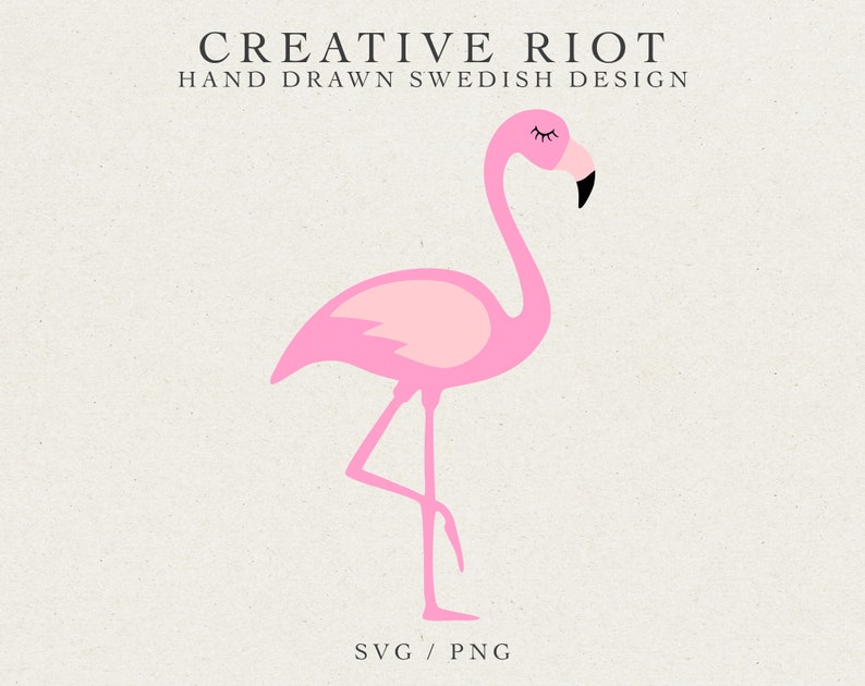 May include: Pink flamingo illustration with closed eyes, standing on one leg. The flamingo is facing left. The illustration is on a white background with the text "CREATIVE RIOT HAND DRAWN SWEDISH DESIGN SVG / PNG".