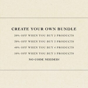 May include: Cream-colored background with a black rectangular border containing text. The text reads "CREATE YOUR OWN BUNDLE" followed by discount percentages for buying multiple products, ranging from 20% to 50% off. The text "NO CODE NEEDED!" is also present.