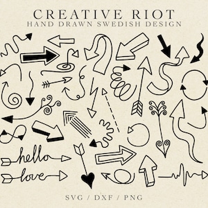 May include: A collection of hand-drawn black arrows in various styles, including straight, curved, and spiral designs, with the words "hello" and "love" incorporated. The text "CREATIVE RIOT HAND DRAWN SWEDISH DESIGN" is at the top.