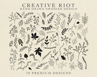 May include: A set of 70 hand-drawn Swedish design elements featuring leaves, branches, and floral motifs. The black and white illustrations are perfect for creating invitations, cards, and other creative projects.