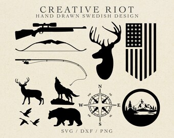 HUNTING BUNDLE SVG - Commercial Use Svg, Rifle Svg File, Deer Svg File, Cricut Deer Svg, Bow Cut File, Fishing Cut File, Mountains Svg