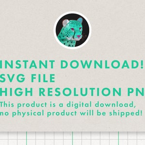 Puede incluir: Archivo de dise&ntilde;o gr&aacute;fico descargable digitalmente con una ilustraci&oacute;n de guepardo. El texto "INSTANT DOWNLOAD! SVG FILE HIGH RESOLUTION PNG" se muestra en un fondo gris claro. Este producto es una descarga digital, no se enviar&aacute; ning&uacute;n producto f&iacute;sico!