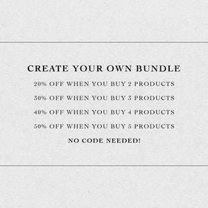 May include: A white text box with a black border on a textured white background. The text reads "CREATE YOUR OWN BUNDLE" and lists discounts for buying multiple products: "20% OFF WHEN YOU BUY 2 PRODUCTS", "30% OFF WHEN YOU BUY 3 PRODUCTS", "40% OFF WHEN YOU BUY 4 PRODUCTS", "50% OFF WHEN YOU BUY 5 PRODUCTS", and "NO CODE NEEDED!"