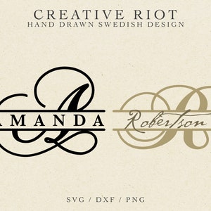 Op de afbeelding: Twee gesplitste monogramontwerpen met een decoratief handschrift. Het eerste ontwerp is zwart en bevat de naam "Amanda" met een gestileerde letter "A". Het tweede ontwerp is goud en bevat de naam "Robertson" met een gestileerde letter "R".