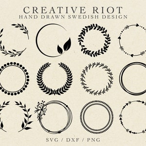 May include: A collection of twelve black circular design elements, including wreaths, laurel leaves, and dotted circles. The text "CREATIVE RIOT HAND DRAWN SWEDISH DESIGN" is at the top. The bottom text reads "SVG / DXF / PNG".