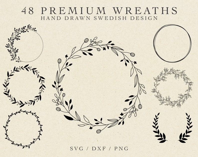 May include: A collection of 48 premium wreaths in black, hand-drawn with a Swedish design. The wreaths feature various botanical designs, including leaves, flowers, and circular frames. The image includes the text "SVG / DXF / PNG".