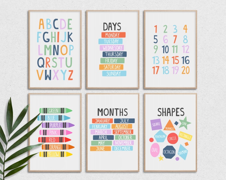 May include: Six colorful printable posters for kids featuring the alphabet, days of the week, numbers 1-20, colors, months of the year, and shapes.