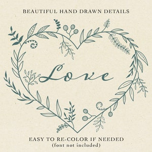 May include: A hand-drawn illustration of a heart-shaped wreath of leaves and flowers with the word "Love" in a cursive font inside the wreath.