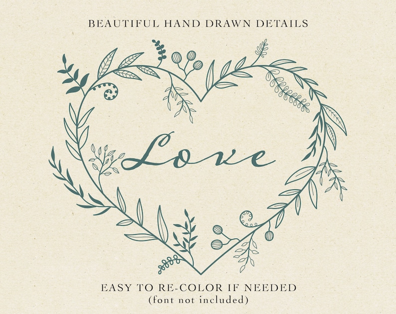 May include: A hand-drawn illustration of a heart-shaped wreath of leaves and flowers with the word "Love" in a cursive font inside the wreath.